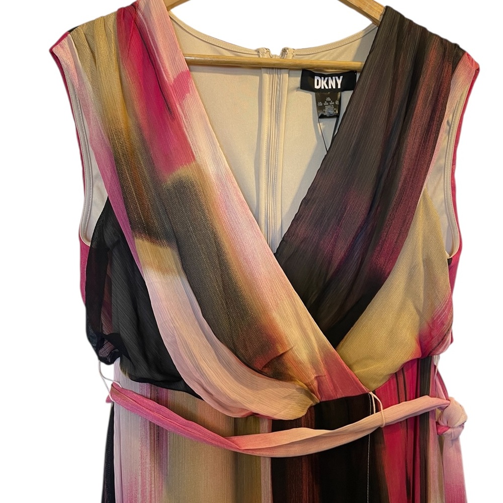 DKNY Pink/Black/Beige Print V-Neck Surplice Tie-Waist High-Low Dress - Size 14W - Picture 2 of 16